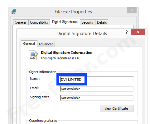 Screenshot of the DVJ LIMITED certificate